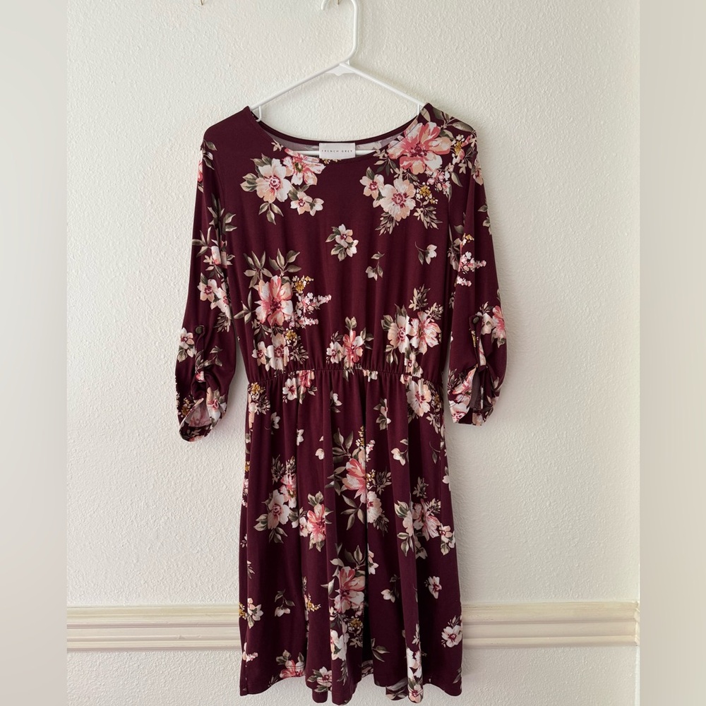 French Grey Floral Murphy Brushed Knit Burgundy Dress with 3/4-length Sleeves
